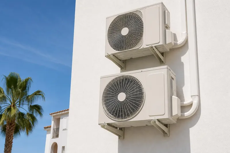 Dos unidades exteriores bien ancladas en la fachada de un edificio blanco